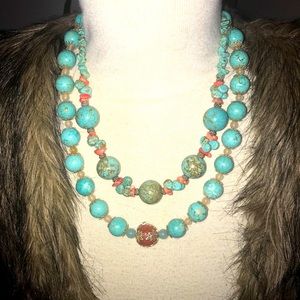 Layered necklaces teal and coral